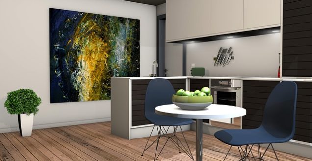 Apartments in Sugar Land A 3d rendering of a kitchen with a painting on the wall in a Two Bedroom Apartments.