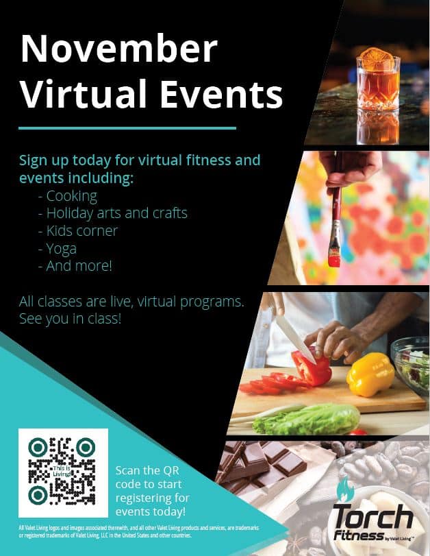 Apartments in Sugar Land A flyer for Torch Fitness virtual events in November.